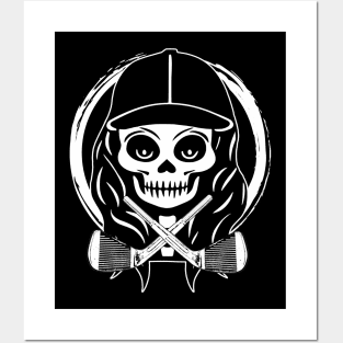 Female Golfer Skull and Golf Clubs White Logo Posters and Art